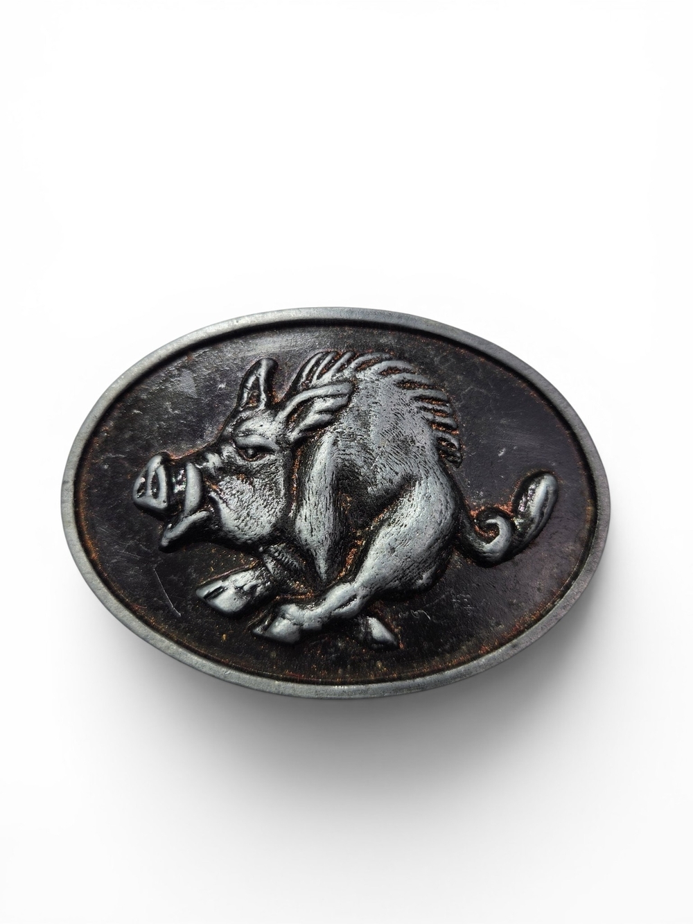 Vintage Stamped Model 895 Wild Boar Belt Buckle Silver Tone Oval Razorback Hog